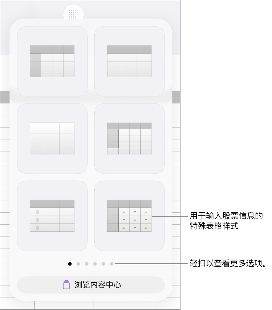 表格弹出窗口,显示表格样式缩略图,右下角为用于输入股票信息的特殊样式。底部的六个圆点表示你可以轻扫来查看更多样式。