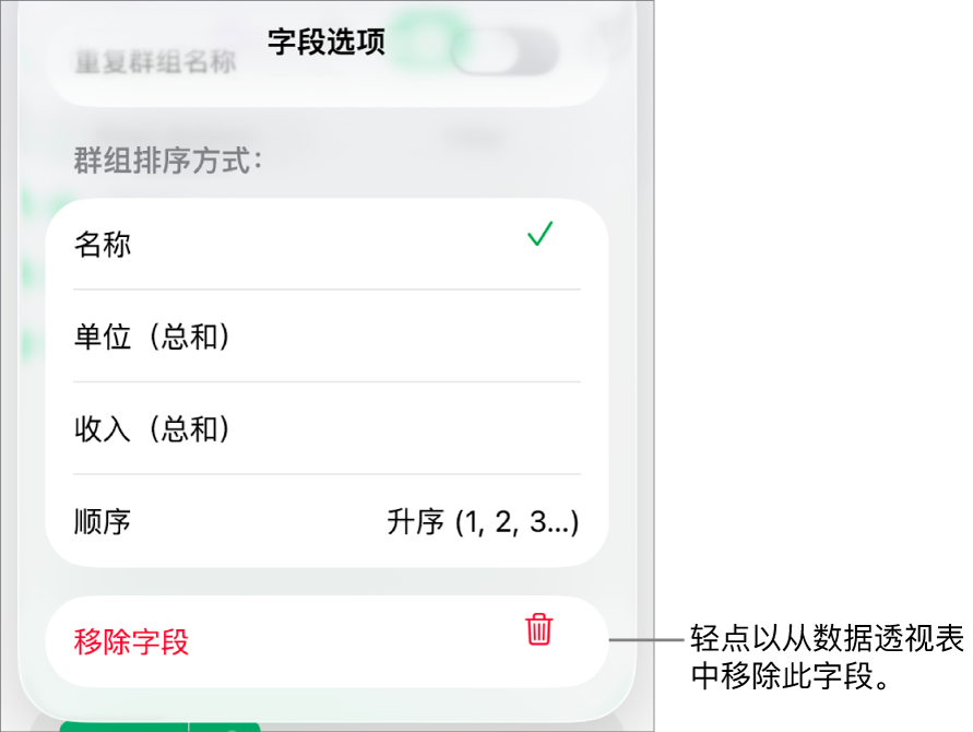 “字段选项”菜单,显示成组和排序数据的控制以及移除字段的选项。