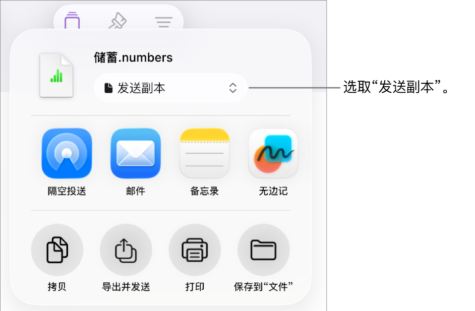 顶部已选中“发送副本”的“共享”菜单。