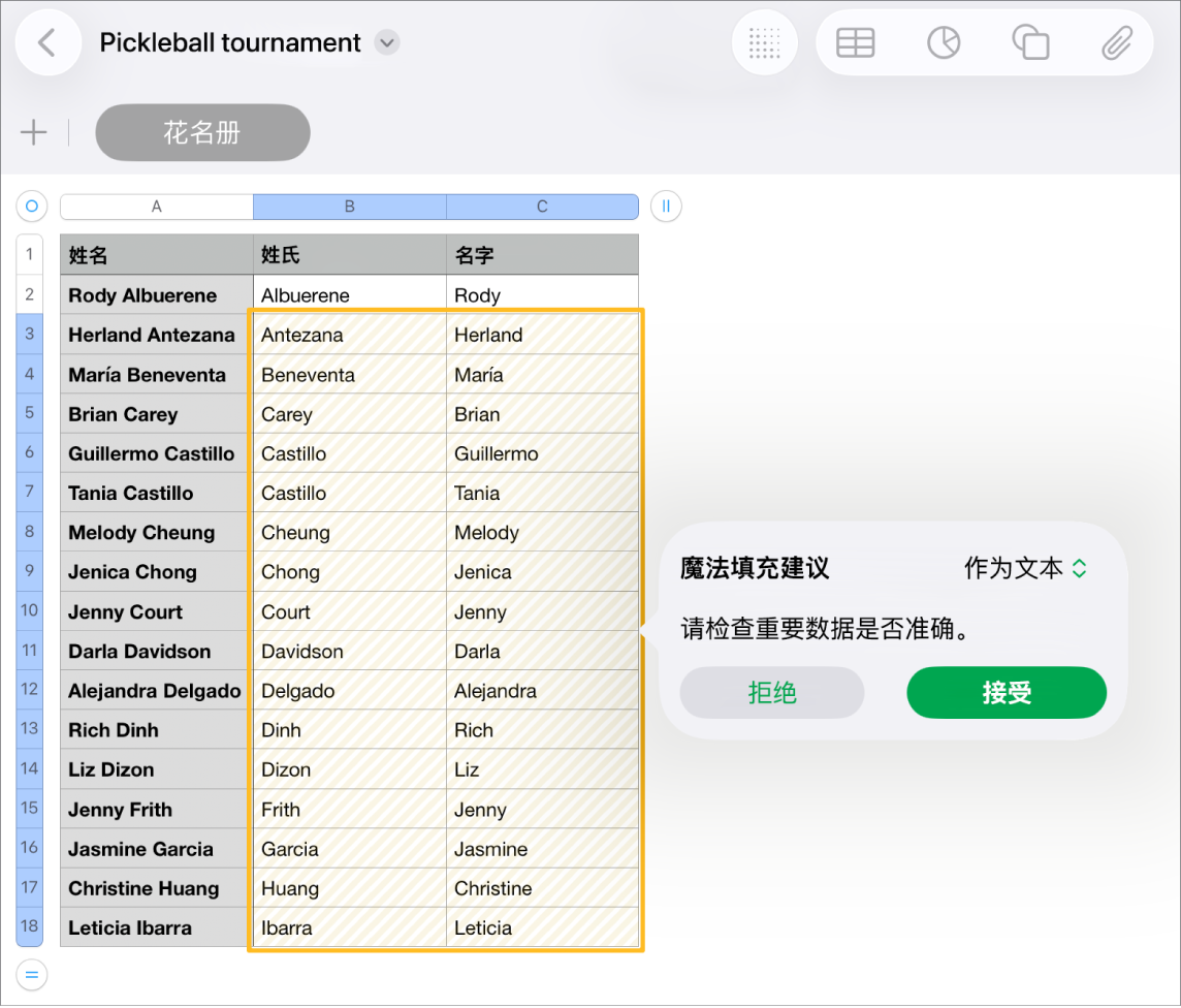 电子表格包含高亮标记的姓名和可接受或拒绝的“魔法填充建议”弹出式菜单。