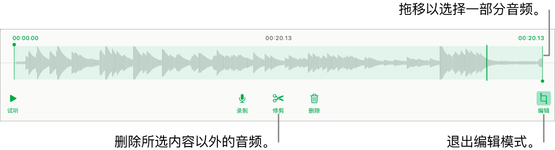 用于编辑录制的音频的控制。控制柄指示所选的录制片段,下方是“试听”、“录制”、“修剪”、“删除”和“编辑模式”按钮。