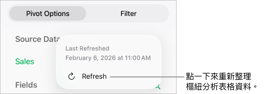 「樞紐分析選項」選單顯示重新整理樞紐分析表格的選項。