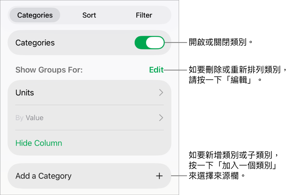 iPad 版的「類別」(選單包括以下選項:關閉類別、刪除類別、重新分類資料、隱藏來源欄和加入類別。
