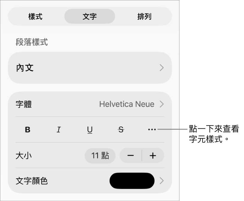 帶有段落樣式的「格式」控制項目位於最上方,然後是「字體」控制項目。「字體」下方為「粗體」、「斜體」、「底線」、「刪除線」和「更多文字選項」按鈕。