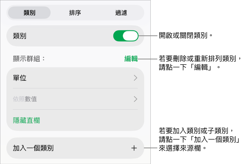 iPad 版的「類別」選單包含以下選項:關閉類別、刪除類別、重新分類資料、隱藏來源欄和加入類別。