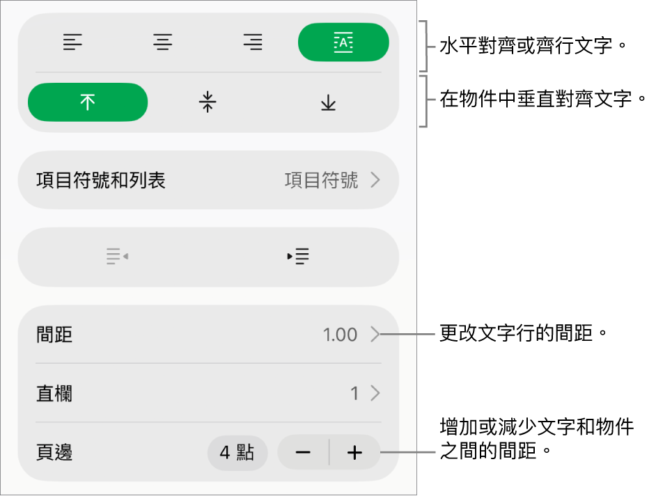 「格式」檢閱器的「佈局」部分，說明文字指向文字對齊方式和間距按鈕。