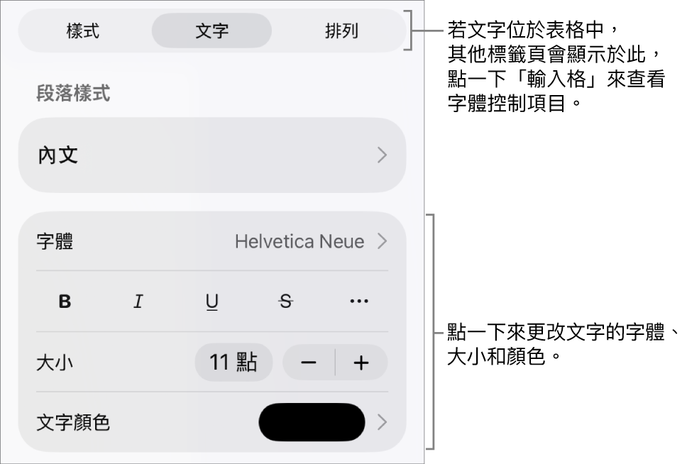 「格式」選單中設定段落及字元樣式、字體、大小和顏色的文字控制項目。
