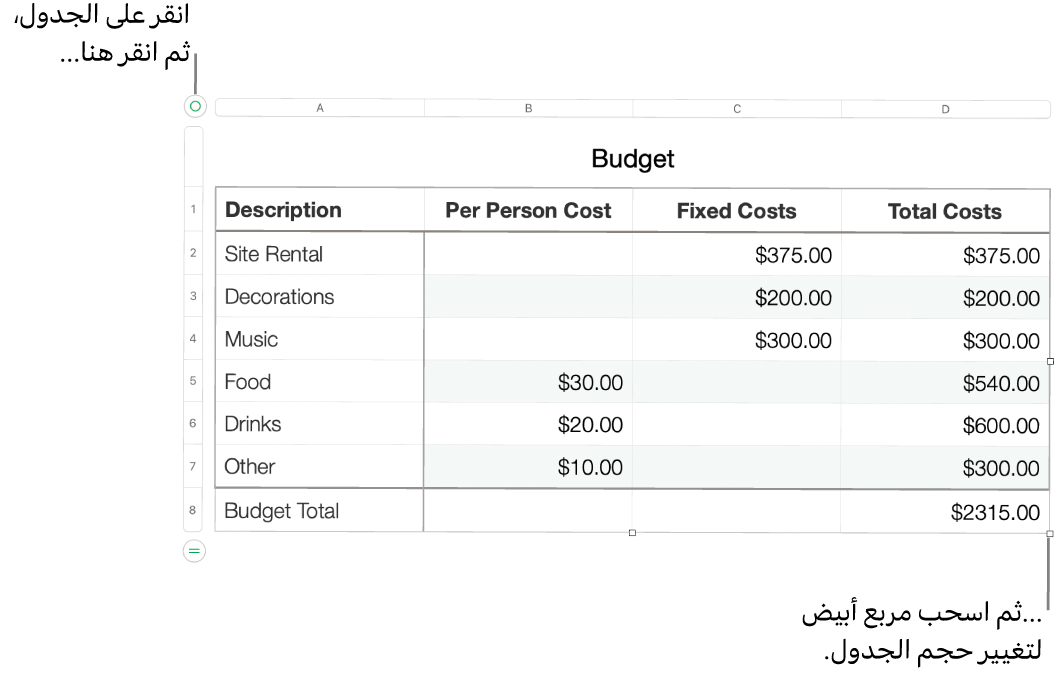 جدول محدد وبه مربعات بيضاء لتغيير الحجم.