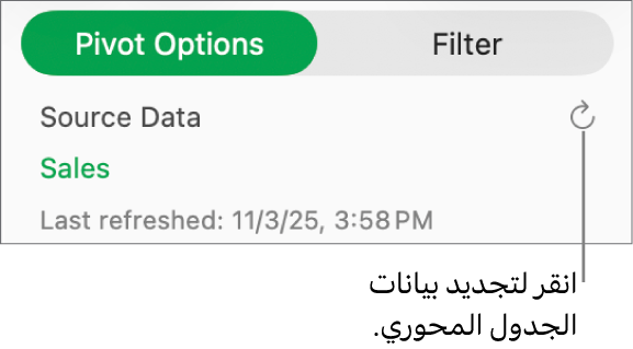 علامة التبويب خيارات المحور تعرض خيار تحديث الجدول المحوري.