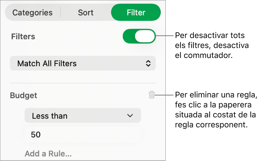 Controls per eliminar un filtre o desactivar-los tots.