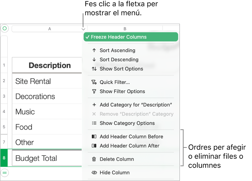 El menú de columna de taula, amb les opcions per afegir o eliminar files i columnes.
