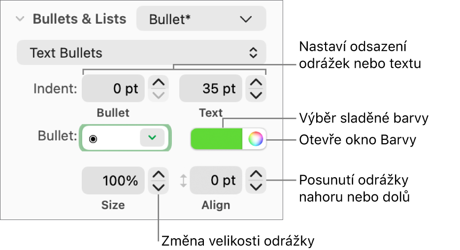 Sekce Odrážky a seznamy s popisky ovládacích prvků pro odsazení odrážek a textu, barvu odrážek, jejich velikost a zarovnání