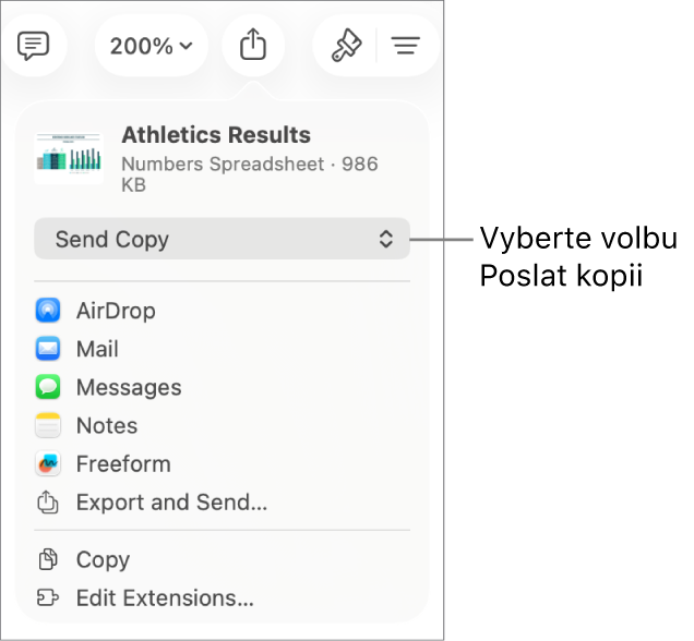 Nabídka sdílení, v níž je nahoře vybraná volba Poslat kopii