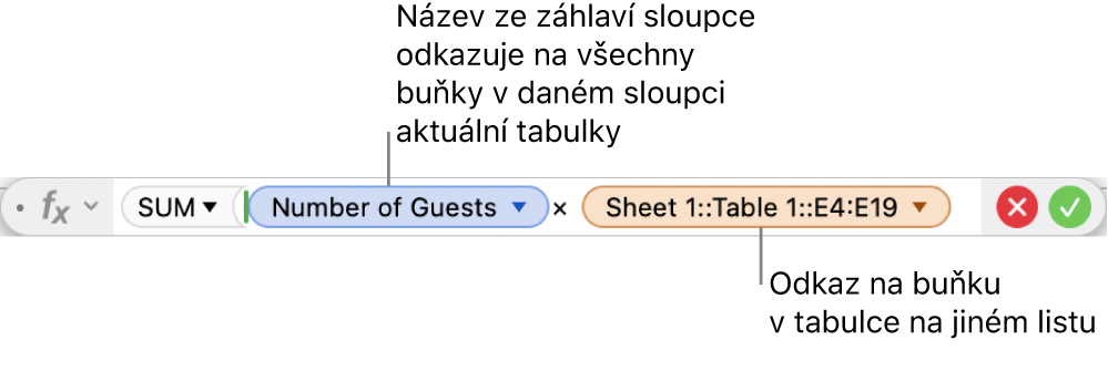 Editor vzorců se vzorcem odkazujícím na sloupec v jedné tabulce a buňku v jiné tabulce