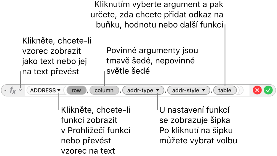 Editor vzorců s funkcí ADDRESS a tokeny jejích argumentů