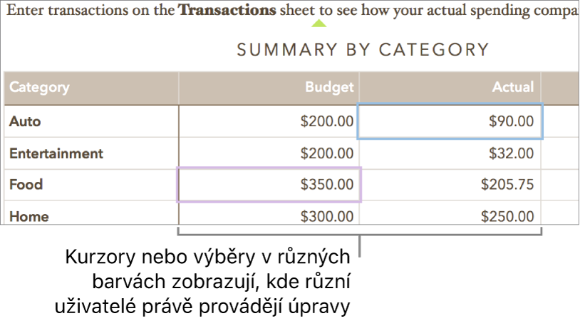 Kurzory nebo výběry v odlišných barvách ukazují, kde jiné osoby provádějí úpravy