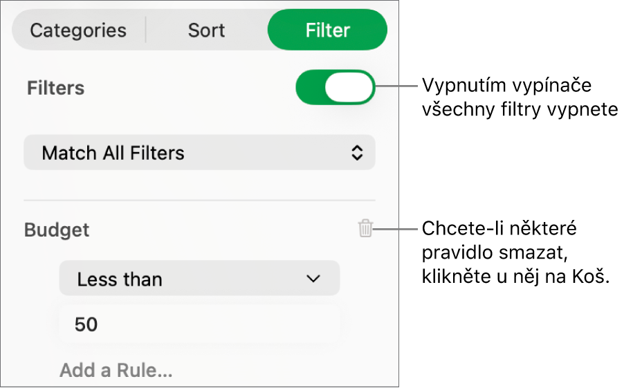 Ovládací prvky pro smazání některého filtru nebo vypnutí všech filtrů
