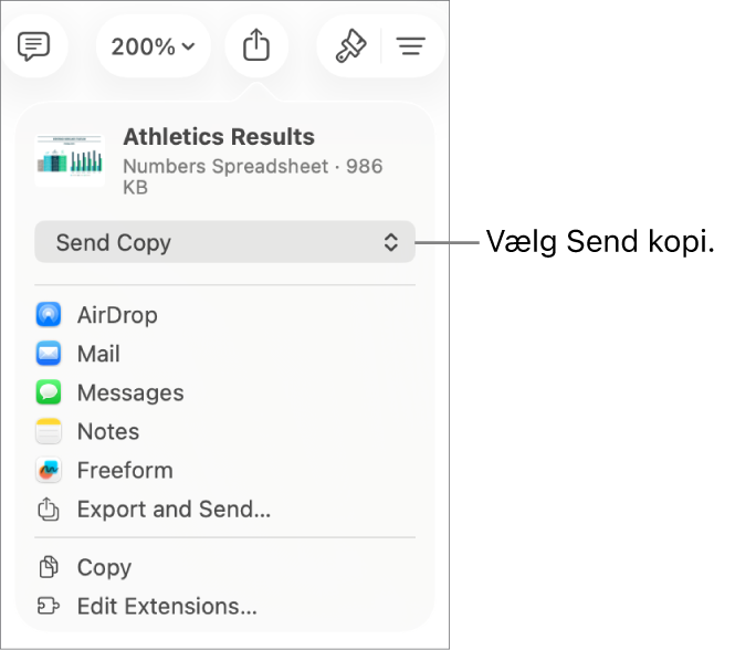 Menuen Del, hvor Send kopi er valgt øverst.
