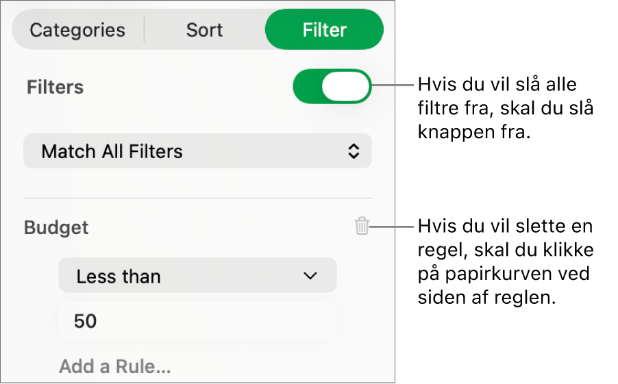 Betjeningsmuligheder til sletning af et filter eller til at slå alle filtre fra.