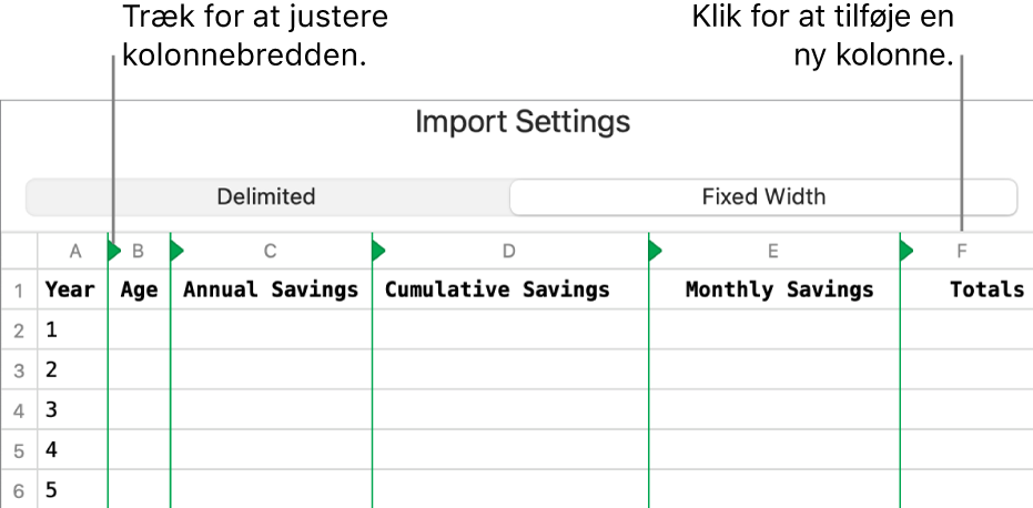 Importindstillingerne til et tekstarkiv med fast bredde.