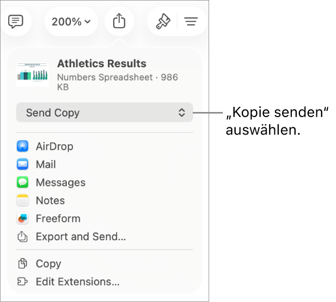 Das Menü „Teilen“, in dem „Kopie senden“ oben ausgewählt ist.
