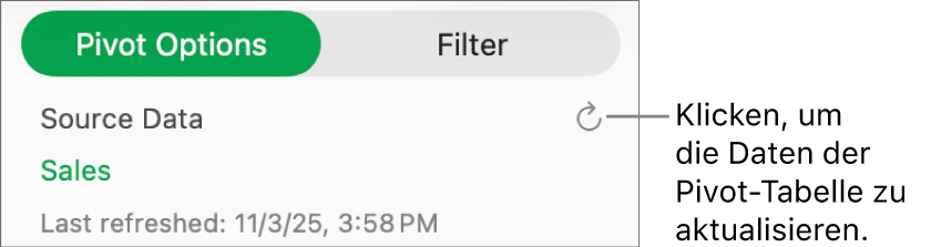 Der Tab „Pivot-Optionen“ mit der Option zum Aktualisieren der Pivot-Tabelle