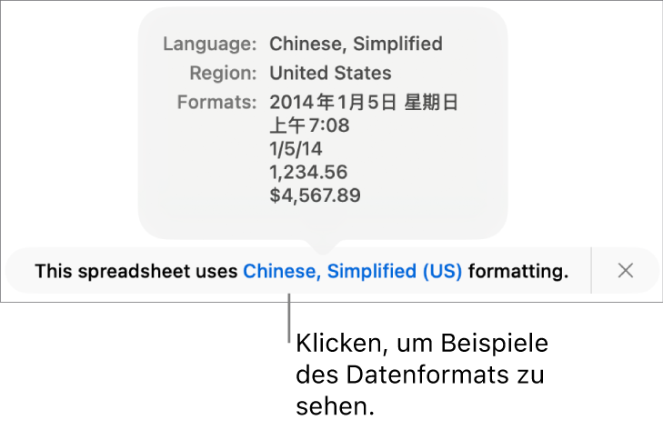Die Mitteilung zur anderen Sprache und Region mit Beispielen der Formatierung in dieser Sprache und Region.