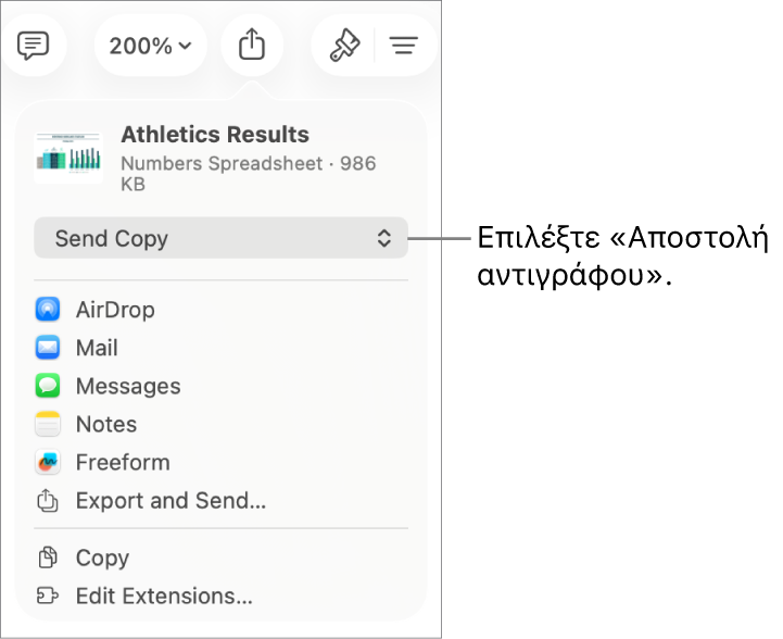 Το μενού «Κοινή χρήση» με επιλεγμένη την «Αποστολή αντιγράφου» στο πάνω μέρος.