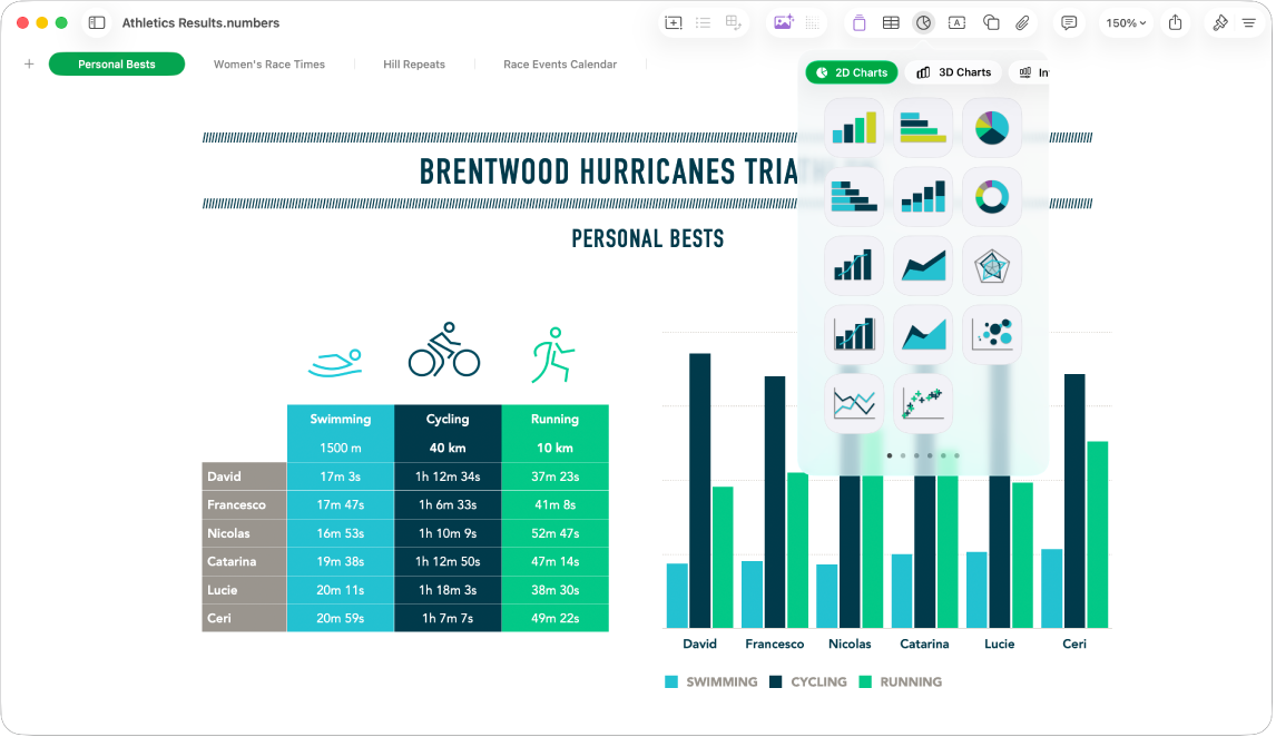 The Numbers window with the graphs menu opened from the toolbar.