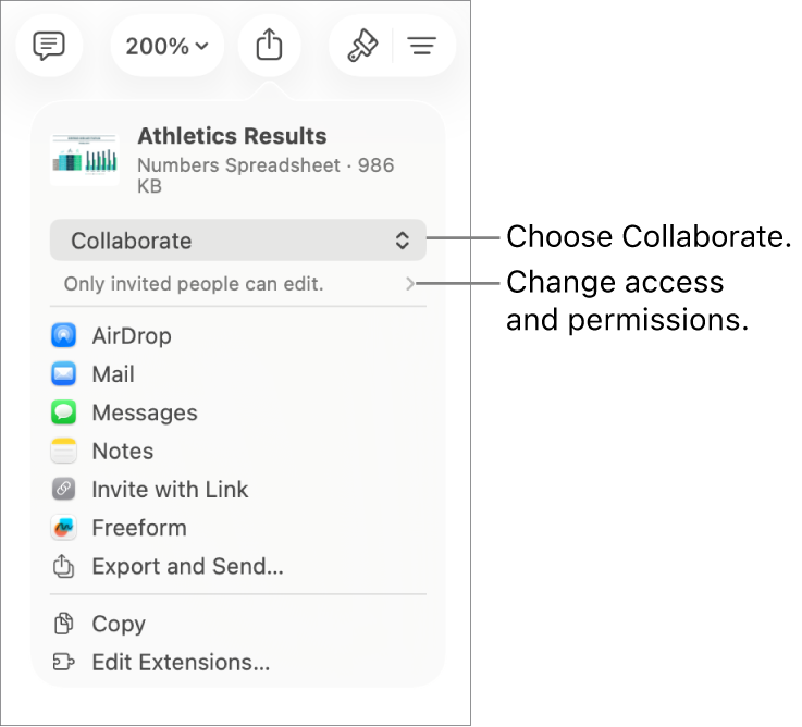 The Share menu with Collaborate selected at the top, and access and permission settings underneath.