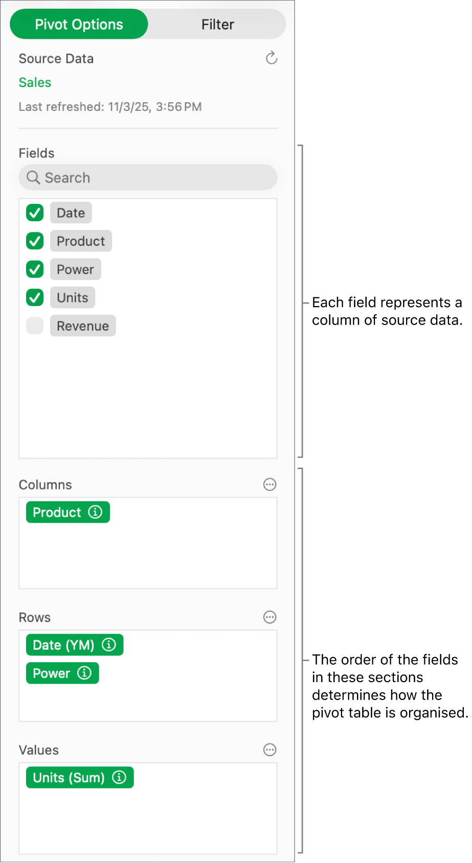The Pivot Options tab in the Organise sidebar, showing fields in the Columns, Rows and Values sections, as well as controls to edit the fields and refresh the pivot table.