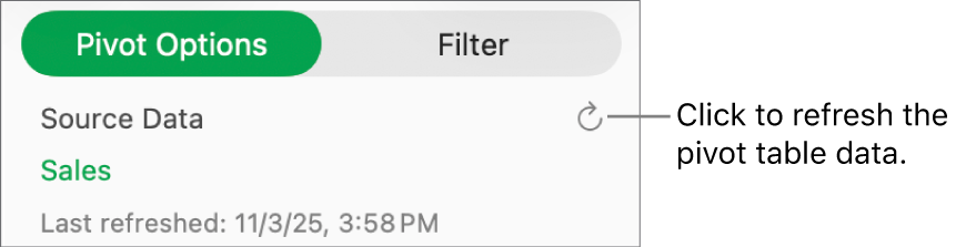 The Pivot Options tab showing the option to refresh the pivot table.
