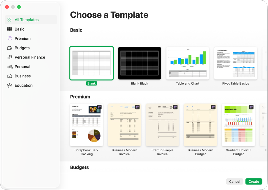 The template chooser. A sidebar on the left lists template categories you can click to filter options. On the right are thumbnails of pre-designed templates arranged in rows by category, starting with Basic at the top and followed by Personal Finance and Personal. The Cancel and Create buttons are in the bottom-right corner.