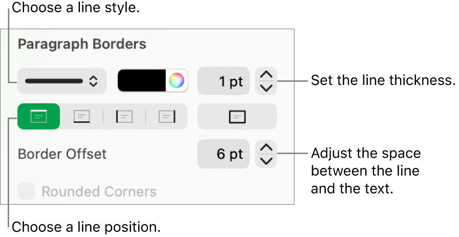 Controls to change the line style, thickness, position and colour.