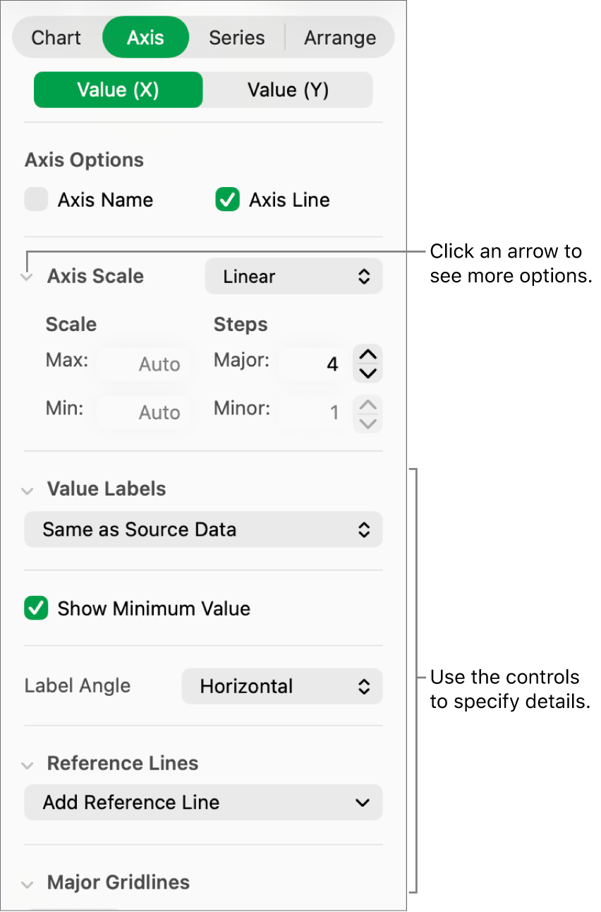 Controls for formatting chart axis markings.