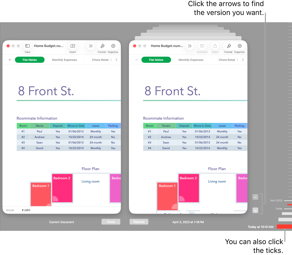 The Revert window, showing versions you can browse.