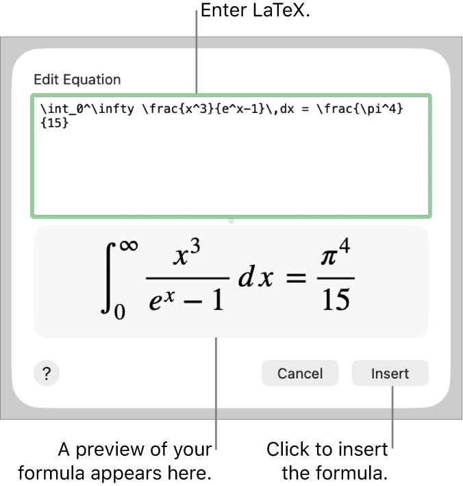 The quadratic formula written using LaTeX in the Equation field, and a preview of the formula below.