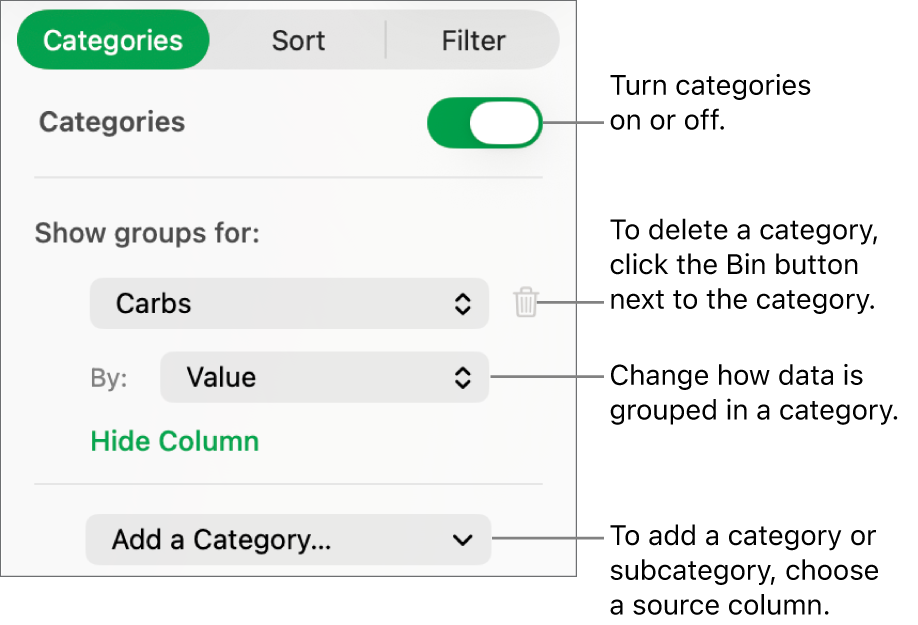 The categories sidebar with options for turning categories off, deleting categories, regrouping data, hiding a source column and adding categories.