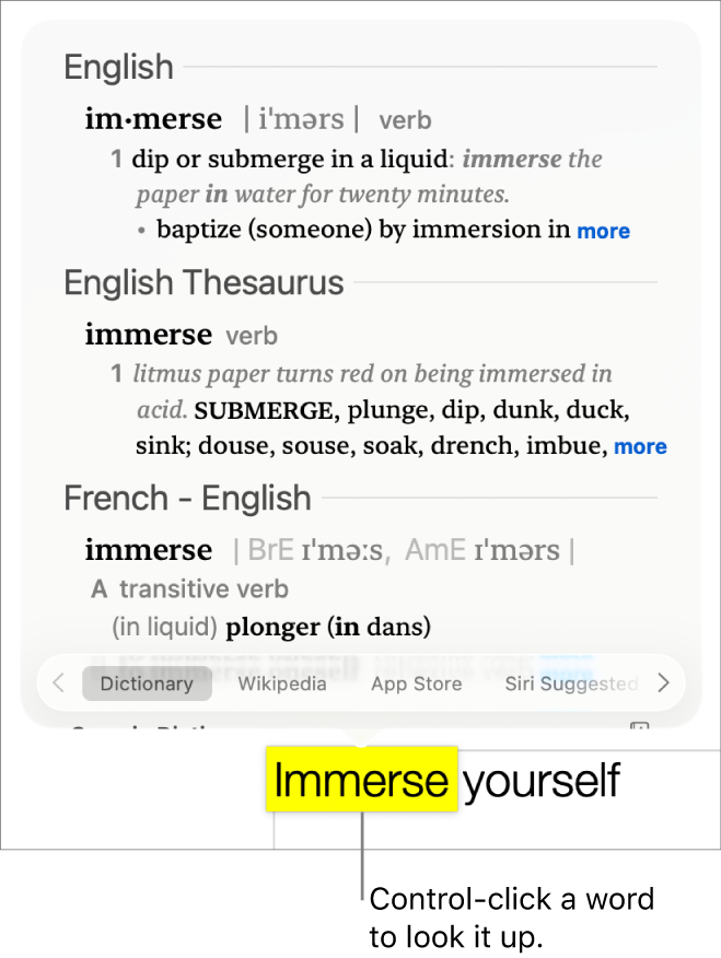 Text with a word highlighted and a window showing its definition and a thesaurus entry. Three buttons at the bottom of the window provide links to the dictionary, Wikipedia and Siri suggested websites.