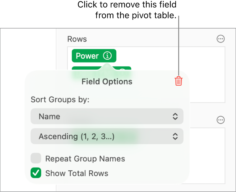 The Field Options menu, showing the controls for grouping and sorting data, as well as the option to remove a field.