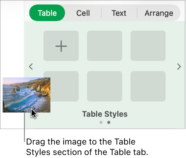 Dragging an image into the table styles to create a new style.