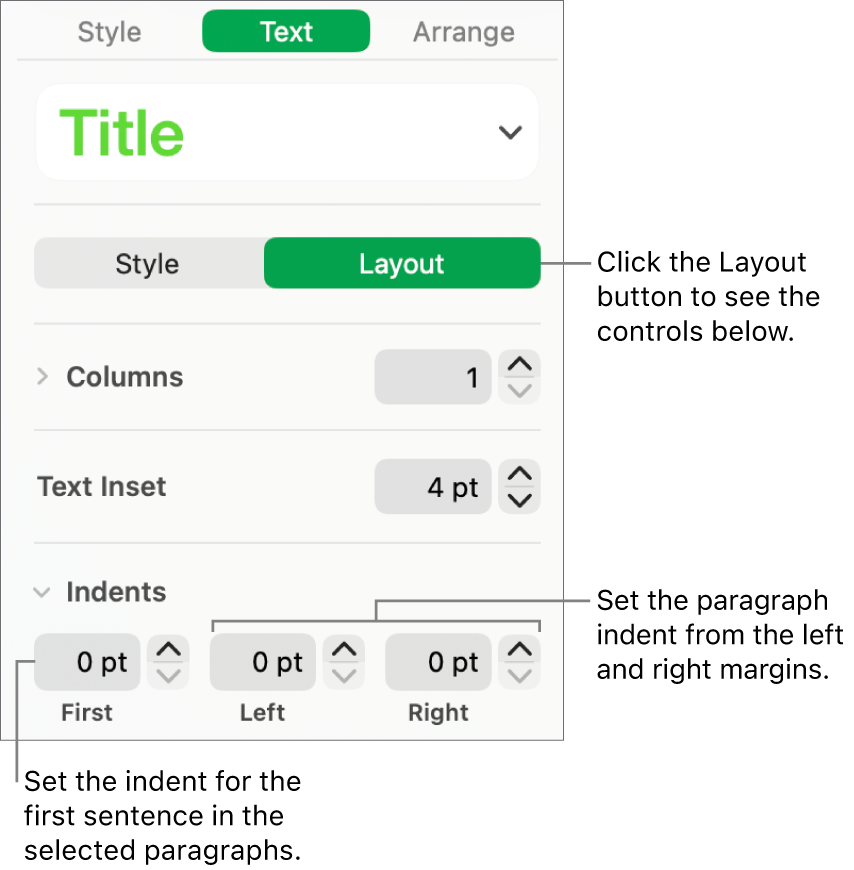 The Layout section of the Format sidebar showing controls for setting the first line indent and paragraph margins.