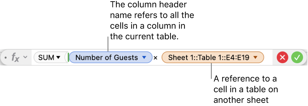 The Formula Editor showing a formula that refers to a column in one table and a cell in another table.