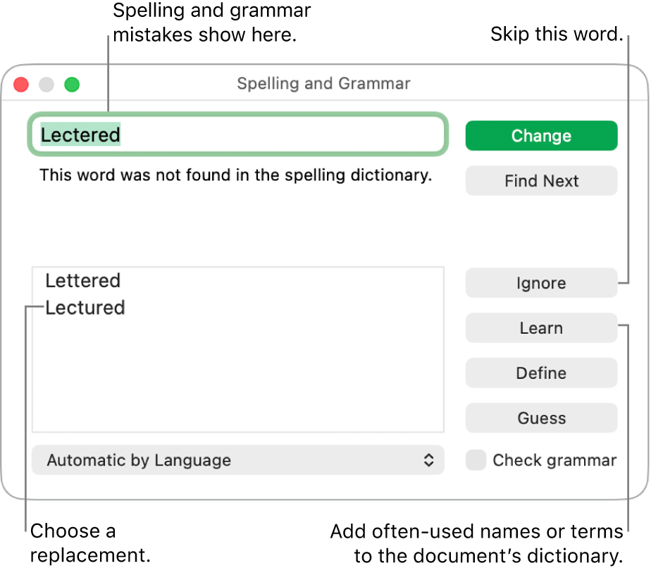 The Spelling and Grammar window.