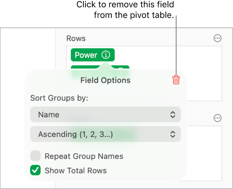 The Field Options menu, showing the controls for grouping and sorting data, as well as the option to remove a field.