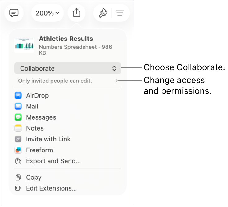 The Share menu with Collaborate selected at the top, and access and permission settings underneath.