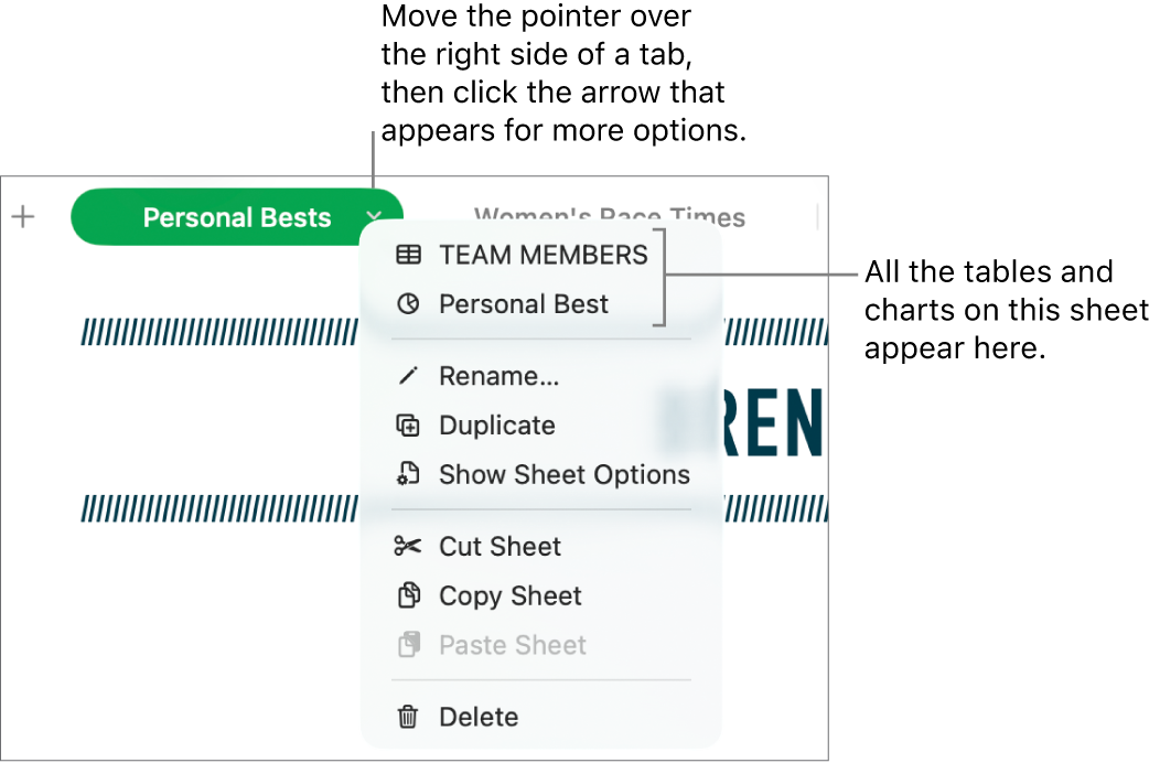 A spreadsheet tab with the shortcut menu open, showing options including Duplicate.