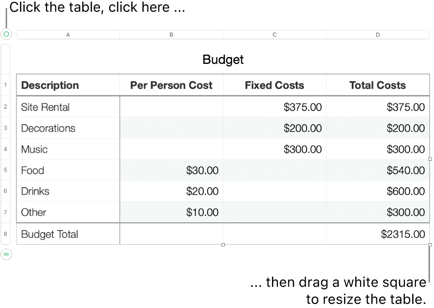 A selected table with white squares for resizing.