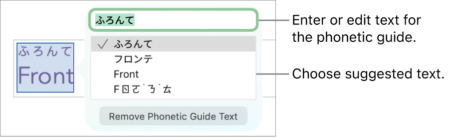 The phonetic guide open for a word, with callouts to the text field and suggested text.