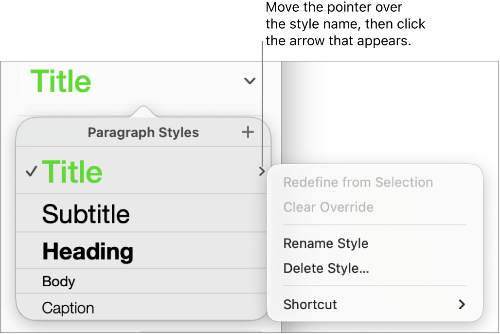 The Paragraph Styles menu with the shortcut menu open.